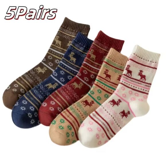 5 Pairs of Cozy Christmas Winter Reindeer Winter Socks NEW Warm Women's Mid-Calf - Picture 4 of 6